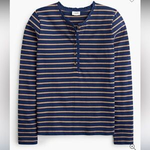 J-Crew Striped Ruffle Collar Henley - Navy and Camel